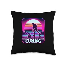 Vintage Curling Stone Sliding Curler Gift Idea Curling Retro 80's Winter Athletics Stone Sliding Curler Throw Pillow, 16x16, Multicolor