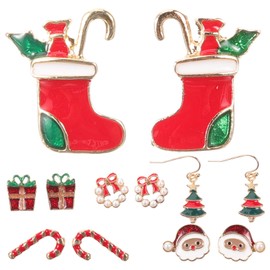 SAFIGLE 6 Pairs Christmas Earrings Set for Women Lightweight Studs Festive Holiday Ear Jewelry with Santa Bells and Christmas Tree Designs Durable Fashionable Funky Accessories for Parties