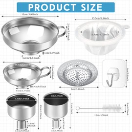 Gejoy 12 Pcs Metal Canning Funnel Set Stainless Steel Mason Jar Funnel Wide Mouth Canning Funnels for Filling Jars Kitchen Funnels with Strainer Mesh Filter Brushes and Adhesive Hooks, Silver