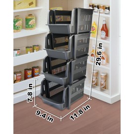 Skywin Plastic Stackable Storage Bins - 4 Pack Open Front Storage Bins Large For Toy Organizers and Storage Bins For Pantry, Kitchen, and Bathroom Essentials (Black)