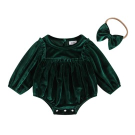Gaono Newborn Baby Girl Christmas Velvet Romper Long Sleeve Bubble One Piece Bodysuit Jumpsuit Fall Winter Clothes (C-Green, 3-6 Months)