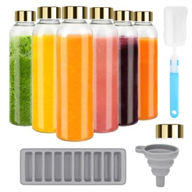 Zukro Glass Juice Bottles with Lids for Juicing 18 oz, Reusable Clear Glass Water Bottles with Stainless Steel Airtight Cap for Refrigerator, 100% Leak Proof, BPA Free, Set of 6, Gold