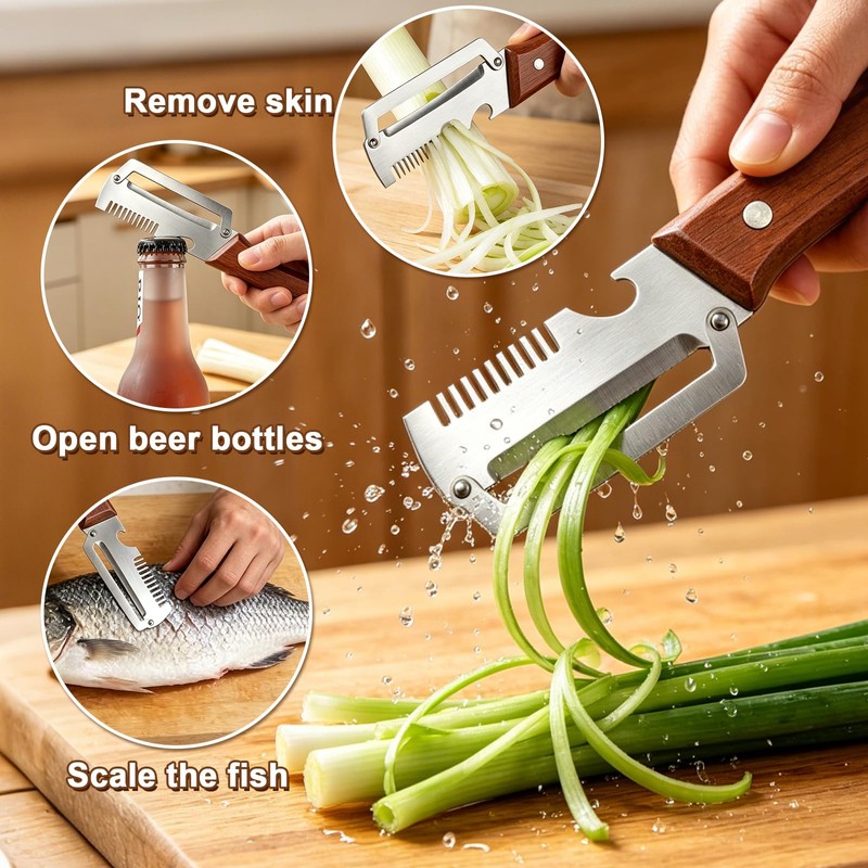 Vegetable Peeler with Wooden Handle, 3-in-1 Stainless Steel Julienne Peelers