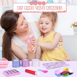 SelfTek 55Pcs Nano Tape Craft Kits for Kids Nano Tape Bubbles Kit with Pump Sequins Glitter Powder Stickers Straw Clay Scissors Tools Double Sided Nano Tape for Making Bubbles Crafts