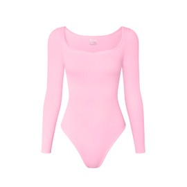 OQQ Women Bodysuit Contrast-Trim Square Neck Long Sleeve Stretch Bodysuit Tops Pink cherry blossom