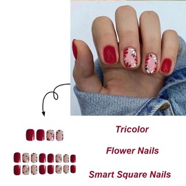 24Pcs Flower Press on Nails Short Square WLGDLH Red Fake Nails with Designs Nude False Nails Full Cover Glossy Stick on Nails Spring Floral Glue on Nails Acrylic Nails for Women Daily Wear