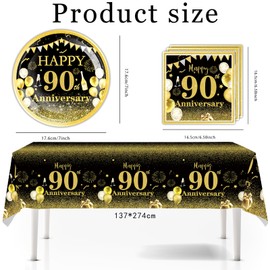 41pcs 90th Anniversary Party Plates Napkins Tableware Tablecloth Set, Black and Gold Ninety Years Old Wedding Anniversary Disposable Party Dinnerware for Wedding Party Supply (90th Anniversary)