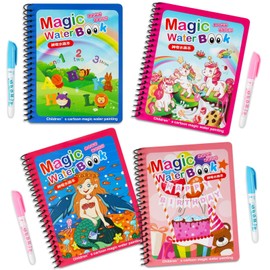 EKKONG Set of 4 Water Colouring Books, Magic Water Drawing Book, Magic Colouring Books Set, Water Colouring Book with Water Pen, Water Colouring Book Doodle for Children
