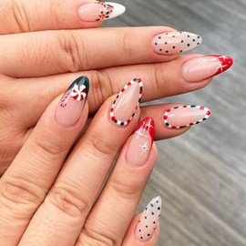 24 Pcs Christmas French Tip Press on Nails Almond Fake Nails Xmas Candy Dots Holly Rhinestones Designs Full Cover Glue on Nails Medium Acrylic False Nails Christmas Stick on Nails for Women Girls