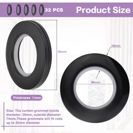 Kinsinder 32 Pieces Curtain Eyelet Rings Curtain Eyelets Round Plastic Rings Inner Diameter 40mm DIY Rings for Window Curtain Shower Curtain (Black)