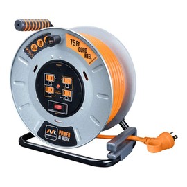 Masterplug Power At Work Metal Steel Drum with Four Powered Outlets, Open Cord Reel with Winding Handle, Overload Circuit Breaker and Power Switch, 75 Feet 12AWG, High Visibility Cord, Orange