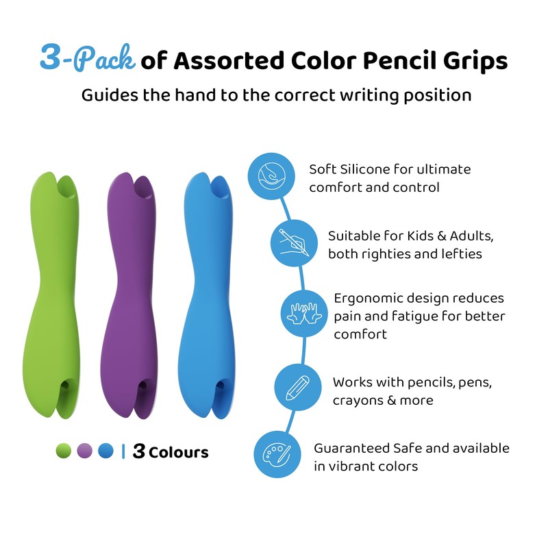 3 Pack Silicone Pencil Grips for Kids & Adults, Ergonomic