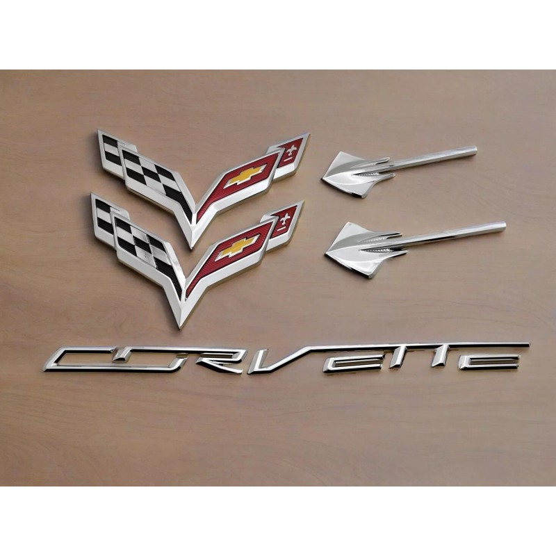 GM 5PC Chrome Front Rear Stingray Cross Flags Emblem Kit