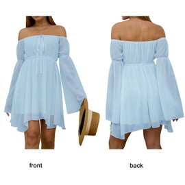 Sunidol - Conjunto de dos piezas para mujer con hombros descubiertos, manga acampanada con cordones de satén para fiesta, 03-blue+white Set, XL