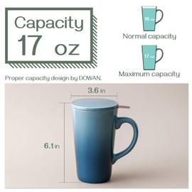 DOWAN Tea Cups with Infuser and Lid, 17 Ounces Large Tea infuser Mug, Tea Strainer Cup with Tea Bag Holder for Loose Tea, Ceramic Tea Steeping Mug, Green Color Changing