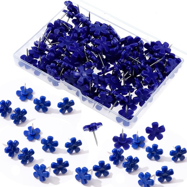 YOUOWO Push Tacks Fashionable Push Pins Plum Shape Push Pins Blue 150 Pieces Set Map Pin Board Maps Bulletin Board Photo Calendar Craft Architectural Model Decoration Fixing Case with Storage Case (Blue Flower Shape)