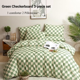 honey qiao Twin Comforter Set Green and Cream Checkered Comforter Set - Lightweight and Soft 3-Piece Bedding Set Includes Comforter and Pillowcases Modern Geometric Design for All Seasons