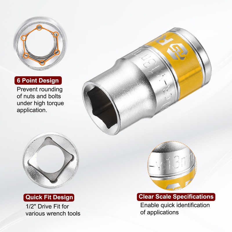 sourcing map 5pcs 1/2" Drive 6 Points Socket 13-17mm Metric
