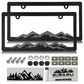 NJNYLLC Mountain License Plate Frames - Plastic Car Tag Holders with Raised Mountain Design, Gray on Black, 2 Pack 2 Hole with Screws & Caps, Mountain Vinyl Sticker Included