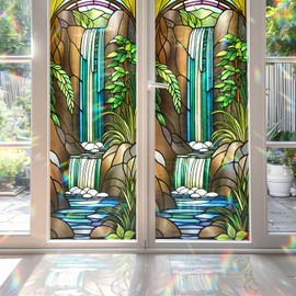 Waterfall Stained Glass Window Film, Decorative Waterfall Stained Glass Window Film, Waterfall Stained Glass Window Film for Bathroom Door Heat Anti UV