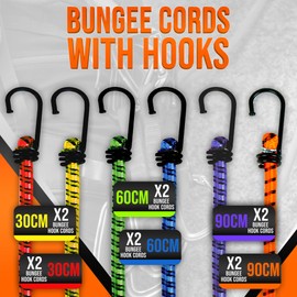 ZENO Bungee Cords With Hooks 12 PCS | Bungee Cord Heavy Duty | Weatherproof & UV-Resistant Elastic Bungee Straps | Double Braided Bungee Cords for Securing Tarps | Luggage | Tents | Bikes