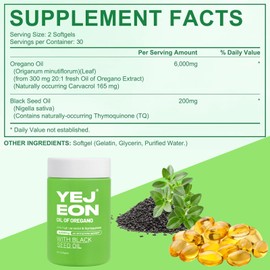 YEJEON Organic Oil of Oregano Capsules with Black Seed Oil - Premium Oregano Extract Supplement with Carvacrol, Supports Immune & Digestive Health, Non-GMO, Gluten-Free, 60 Capsules