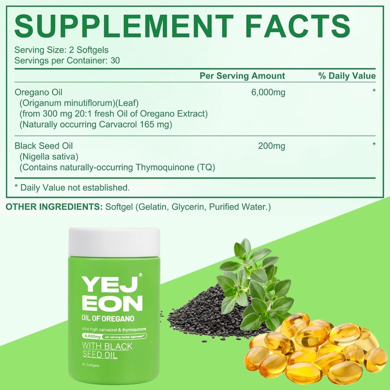 YEJEON Organic Oil of Oregano Capsules with Black Seed Oil
