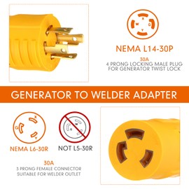 Kanayu Generator to Welder Adapter Compatible with NEMA L14-30P to L6-30R 240V 30 Amp Twist Lock 4 Prong Male Plug to 3 Prong Female Receptacle Heavy Duty Generator Dryer EV Charger Power Adapter