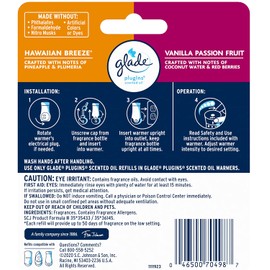 Glade PlugIns Refills Air Freshener, Scented and Essential Oils for Home and Bathroom, Hawaiian Breeze & Vanilla Passion Fruit, 1.34 Oz, 2 Count