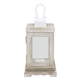 Stonebriar Coastal Wooden Candle Lantern with Nautical Rope Detail, 8 Inches, White