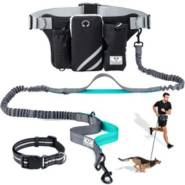 SHINE HAI Retractable Hands Free Dog Leash with Dual Bungees for Dogs, Adjustable Waist Belt Bag, Reflective Stitching Leash for Running Walking Hiking Jogging Biking (for 1 Dog)