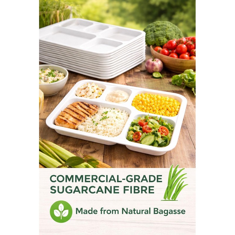 5-Compartment Bagasse Food Trays, 25 Pack, Compostable Sugarcane Fibre