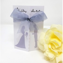Pack of 10 Silouette Wedding Invitations with ribbon and envelopes- Gatefold style! (SILVER)