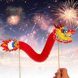 Bohue 2pcs Large Chinese Paper Dragon Puppets on Sticks 3D Paper Dragon Puppet Chinese New Year Paper Dragon Decorations DIY Stretchable New Years Crafts
