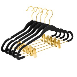 MIZGI Premium Velvet Pants Hangers with Adjustable Clips (Pack of 20) Slim Skirt Hangers- Non Slip Felt Outfit Dress Hangers Black - Gold Hooks,Space Saving Shirt Clothes Hangers