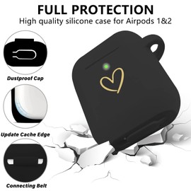 AIIEKZ Compatible with AirPods Case Cover, Soft Silicone Case with Gold Heart Pattern for AirPods 2&1 Generation Case with Rhinestone Studded Letter A-Z Keychain (L Black)