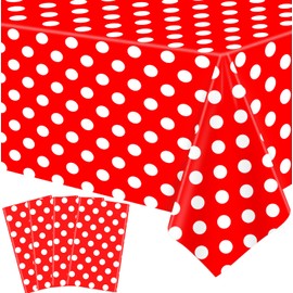Pack of 4 Disposable Wave Dot Tablecloth, White Dots on Red Background, Rectangular Tablecloth, Waterproof Party Wave Point Tablecloth for Children, Picnic, Girls, Birthday Decorations, 130 x 220 cm