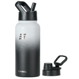 SUNWILL Stainless Steel Water Bottle with Straw, 1L Insulated Water Bottle Metal, Leakproof Water Flask for Gym & Travel, Gradiant Black White