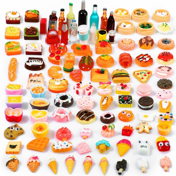 Skylety 100 Pieces Miniature Food Drinks Toys Mixed Resin Food for Doll Kitchen Make Pretend Play Mini Food Set for Adults Teenagers Dollhouse