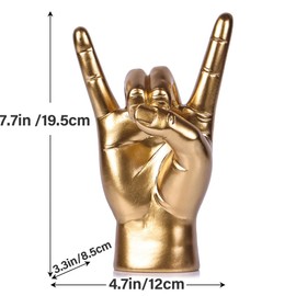 7.7" Gold Resin Rock On Hand Gesture Statue - Rock Culture Music Lovers' Decorative Tabletop Sculpture for Bookshelf, Desk & Mantel Decor in Home or Office, Modern Symbolic Figurine