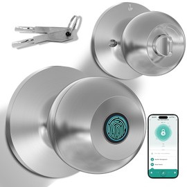 Usteetic Smart Door Knob, Fingerprint Door Locks for Bedrooms with App Control & Key, Type-C Port Emergency Charging, Biometric Lock Suitable for Front Door, Home, Apartment, Office (Silvery)