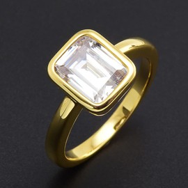 [RIZILIA CELEBOX] Solitaire Engagement Ring with Emerald Cut Gemstones CZ [Simulated White Topaz] in Yellow Gold Plated, Celebrity Inspired by Angelina Jolie