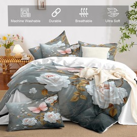 CCoutueChen Floral Butterfly Comforter Set Queen White Flower Pink Butterflies on Gray Marble Bedding Set for Women Men Modern Aesthetic Bedding Soft Lightweight 90x90 Comforter with 2 Pillowcases