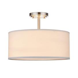 15" 2 Light Off White Fabric Drum Shade semi Flush Mount Ceiling Led Light PS Diffuser with Brushed Nickel Finish, Chandeliers Shade for Bar, Dining Room, Corridor,Living Room