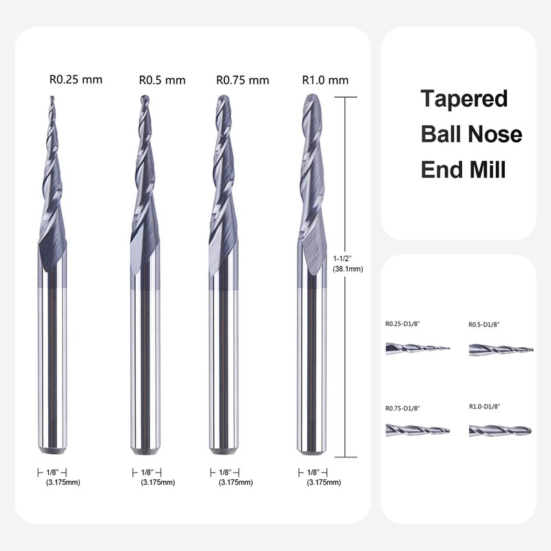 SpeTool 4Pcs/Pack Assorted R0.25~1.0 Tip 1/8" Tapered End Mill Cone
