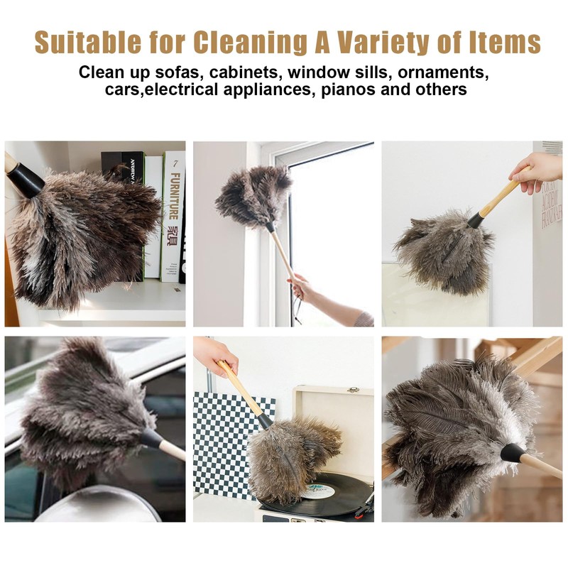 Ostrich Feather Duster, Household Dust Removal Tool with Wooden Handle,