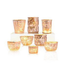DN DECONATION 8PCS Gold Mercury Glass Candle Holder, Assorted Mercury Glass Votive Candle Holders, Vintage Tea Light Candle Holder for Wedding, Parties, Centerpieces, Decorations