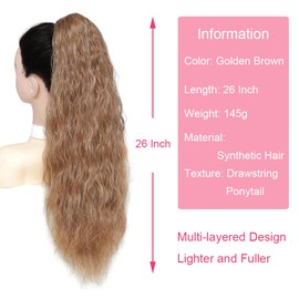 KETHBE Ponytail Extension, 26 Inch Drawstring Ponytail Hair Extensions Synthetic Long Curly Wavy Hair Extensions Ponytail Thick Hair Pieces for Women (Golden Brown)