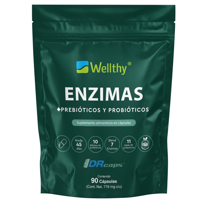 Wellthy Enzimas Digestivas 90 Cápsulas. Reforzado con Prebioticos y Probioticos.