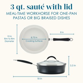 Rachael Ray Cucina Ceramic Nonstick Saute Pan with Lid, 3 Quart Non Stick Sauteuse Pan, Dishwasher Safe - Peppercorn